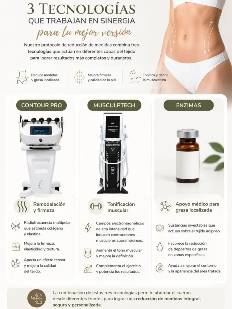 Protocolo de reducción de medidas con enzimas, musculptech y contourpro en Bogotá - Clínica estética praesenti